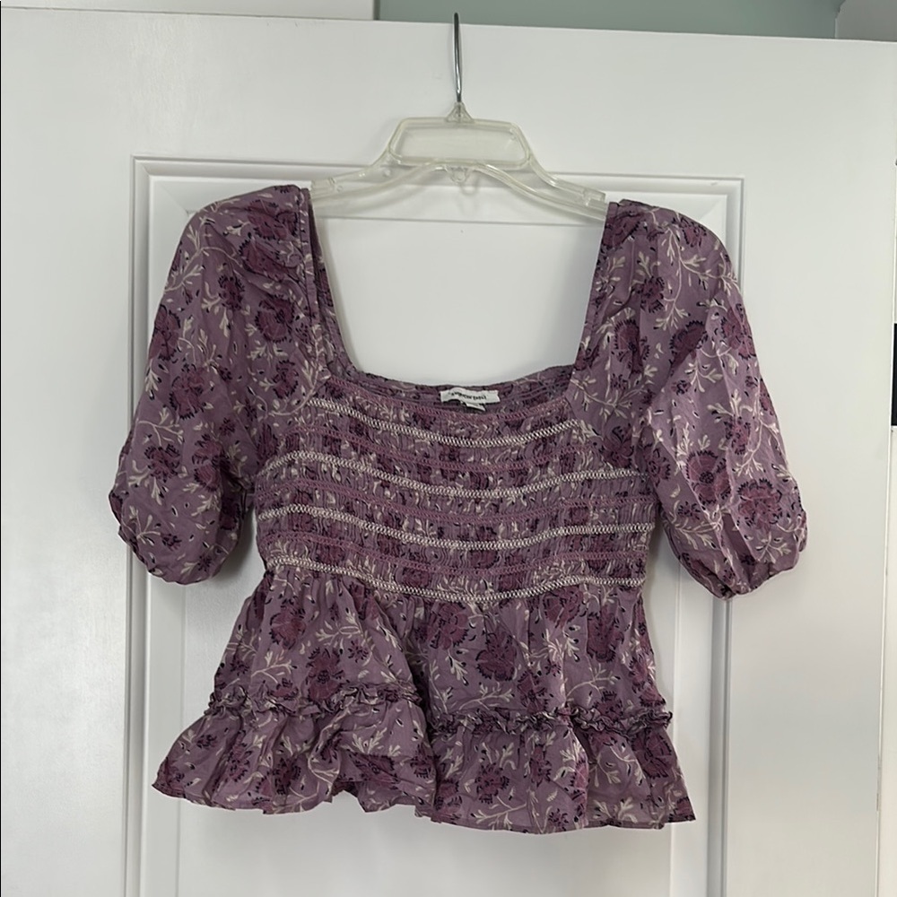 American Eagle Outfitters Purple Puff Sleeve Peplum Blouse